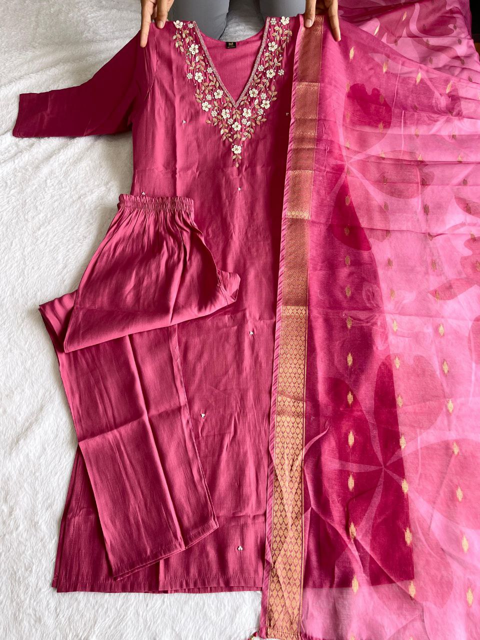 Premium Roman Silk Rouge Designers Kurti Pent Dupatta Set