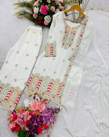 Pure Chinon Top-Palazzo with Dupatta Set Fully Stitched Ready To Wear