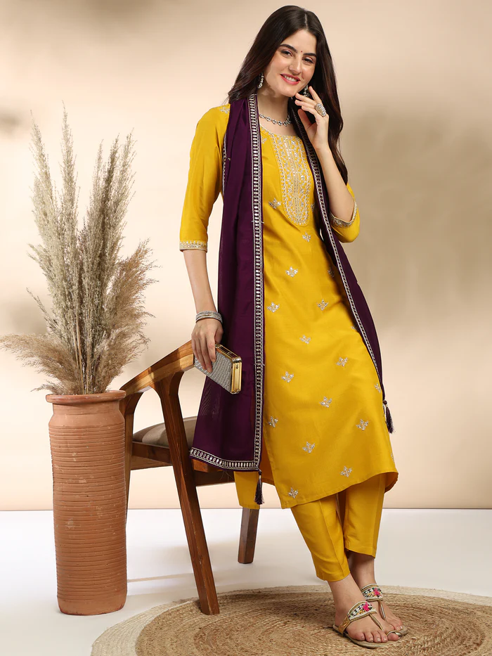 Classic Yellow Chinon Embroidered Kurta Set