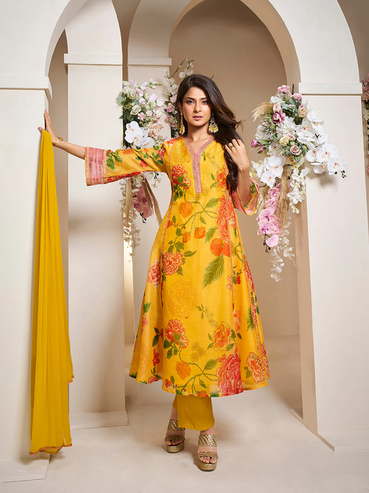 Yellow Colour Floral Printed Flared Anarkali Kurta with Palazzos Dupatta.