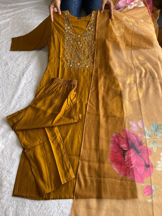 Premium Roman Silk Hand-Worked Mustard Yellow Colour Designer Kurti Pant Dupatta Set