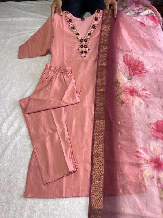 Premium Roman Silk Peach colour Designers Kurti Pent Dupatta Set