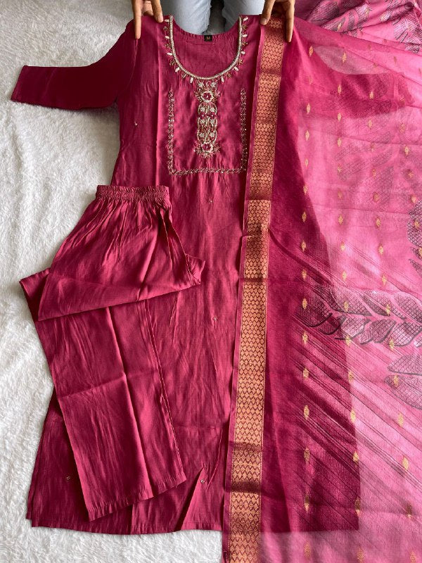 Premium Roman Silk Hand-Worked Rouge Coloured Designer Kurti Pant Dupatta Set