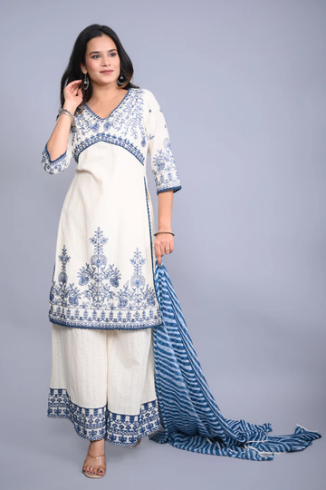 White Cotton Dobby Embroidered Short Kurta Palazzo & Chiffon Dupatta