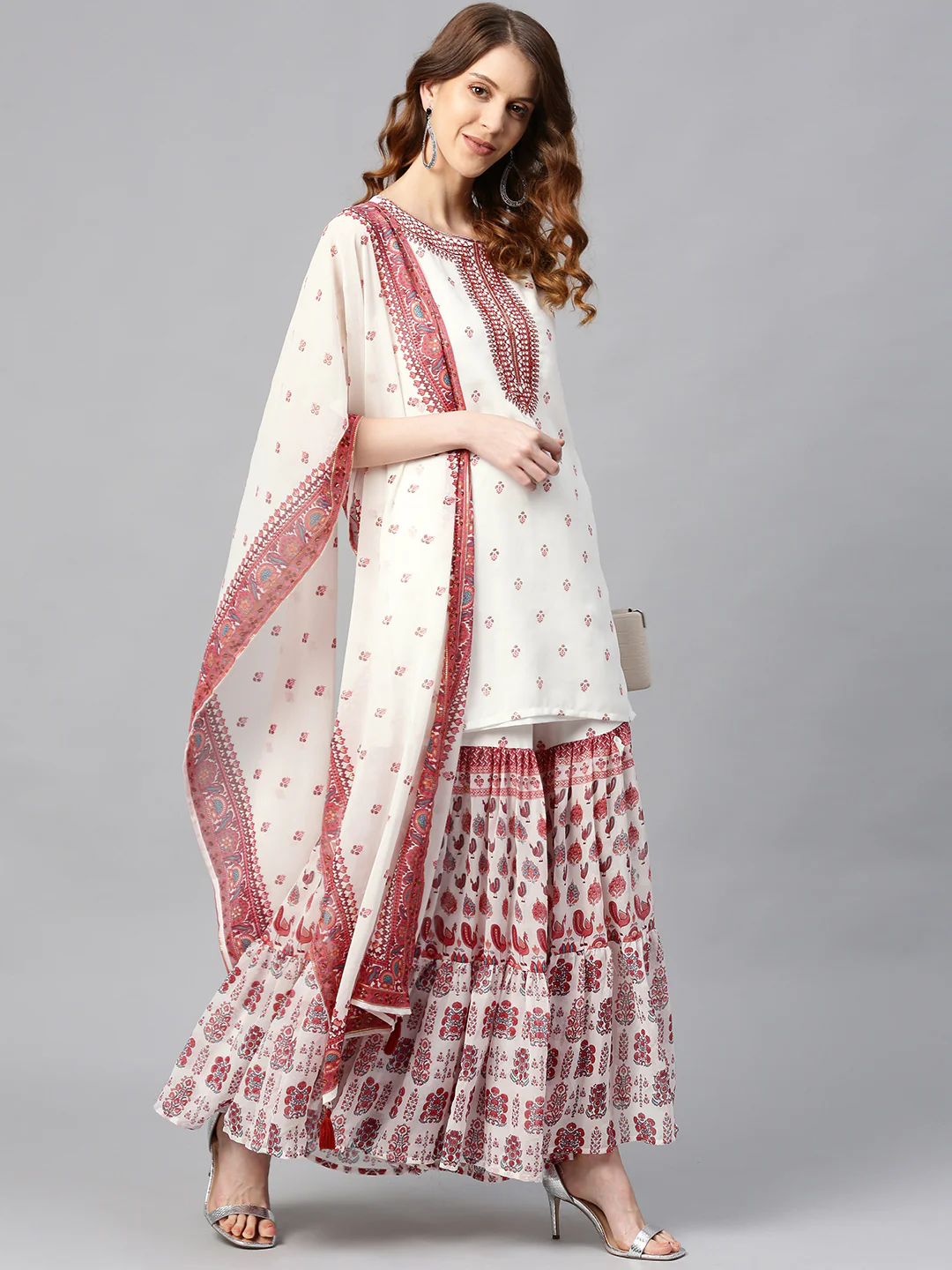 Maroon Embroidered And Printed Kurta Sharara Dupatta Set