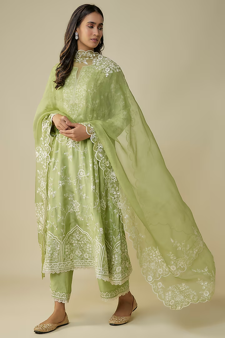 Light Green Dupion Aari Thread Embroidered Kurta Set