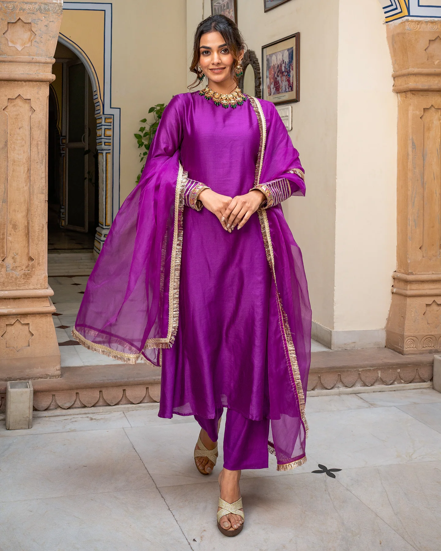 Purple Tamba Work Chanderi Kurta Set