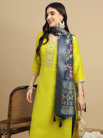 Lime chinon neck wok digital printed dupatta