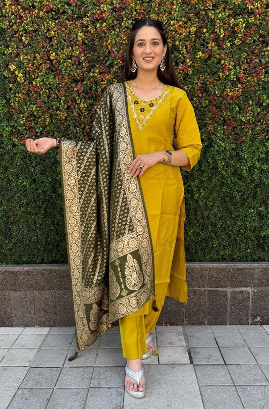 Premium Roman Silk hand worked Yellow colour Designers Kurti Pent Dupatta Set