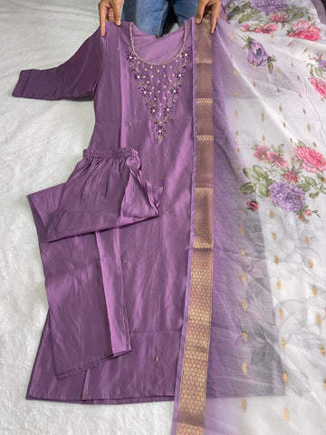 Premium Roman Silk Magenta colour Designers Kurti Pent Dupatta Set