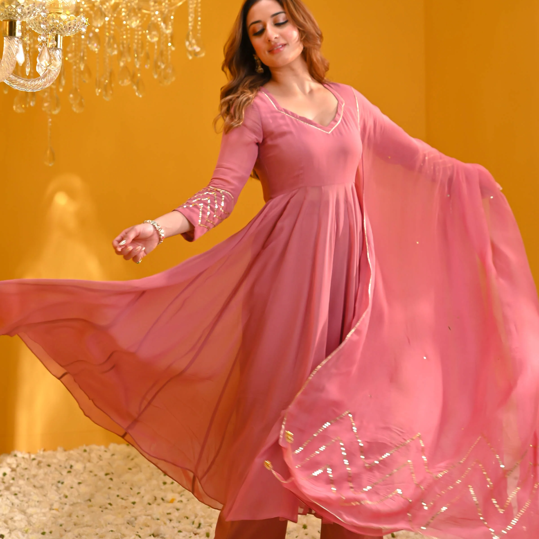 Blush Mauve Georgette Kurta Set (3 piece)