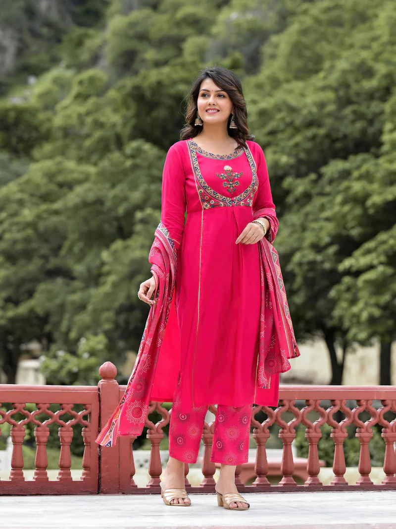 Fuchsia Viscose Embroidered A-Line Kurta Pants & Dupatta Set With Mirror Work And Lace