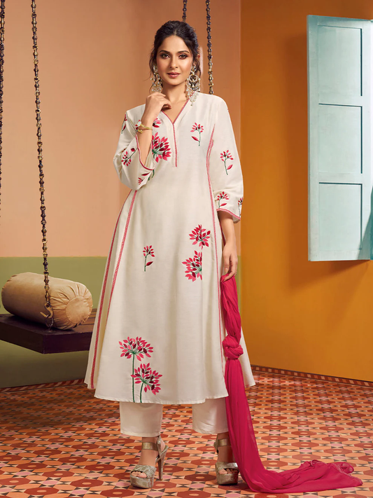 Off white colour Embroidered Anarkali Flared Kurta with Palazzos Dupatta.