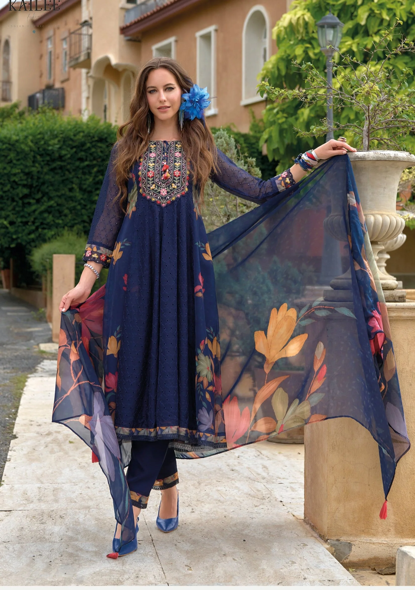 Altaf Azure Schiffli Anarkali Full Work Cotton Suit set