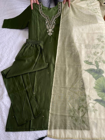 Premium Roman Silk hand work Dark Mehandi colour Designers Kurti Pent Dupatta Set