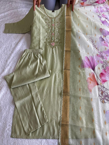 Premium Roman Silk Hand-Worked Light Pista Designer Kurti Pant Dupatta Set