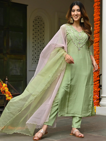 Green Silk Embroidered Kurta Set