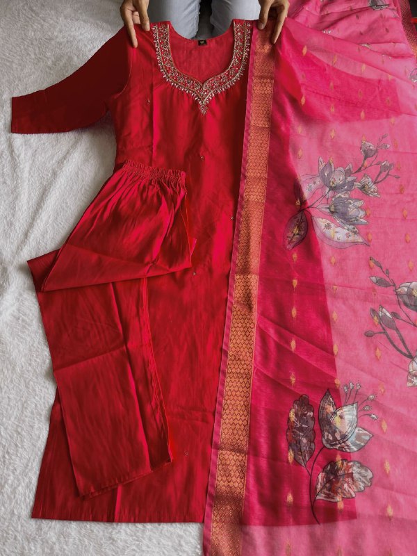 Premium Roman Silk Hand-Worked Tomato Colour Designer Kurti Pant Dupatta Set