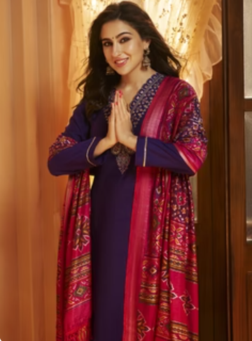 Solid Zari Embroidered Straight Fit Kurta with Pant & Patola Printed Dupatta - Deep Purple