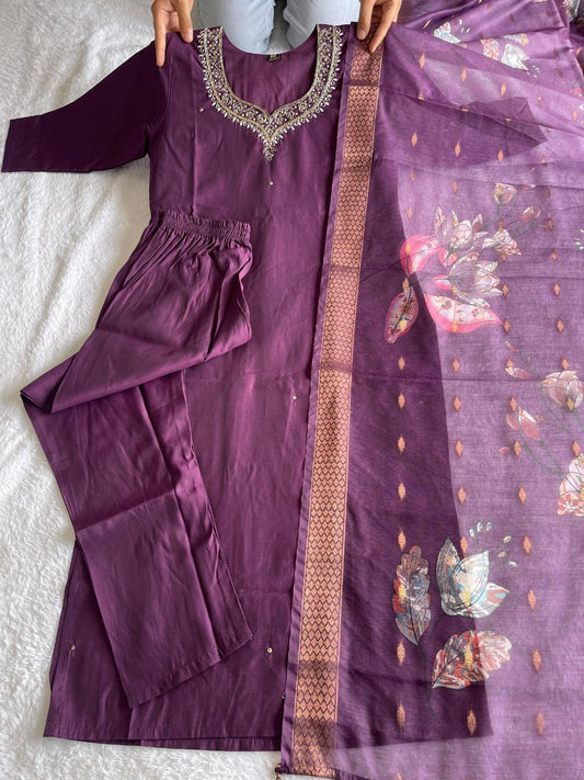 Premium Roman Silk Hand-Woven Purple Colour Designer Kurti Pant Dupatta Set