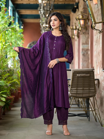 Plum Thread Embroidered Liva Rayon Kurta Set With Buttons & Mirror Work