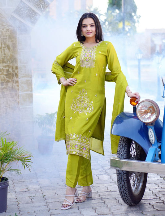 Designer Embroidered Chinon Suit With Embroidered Work