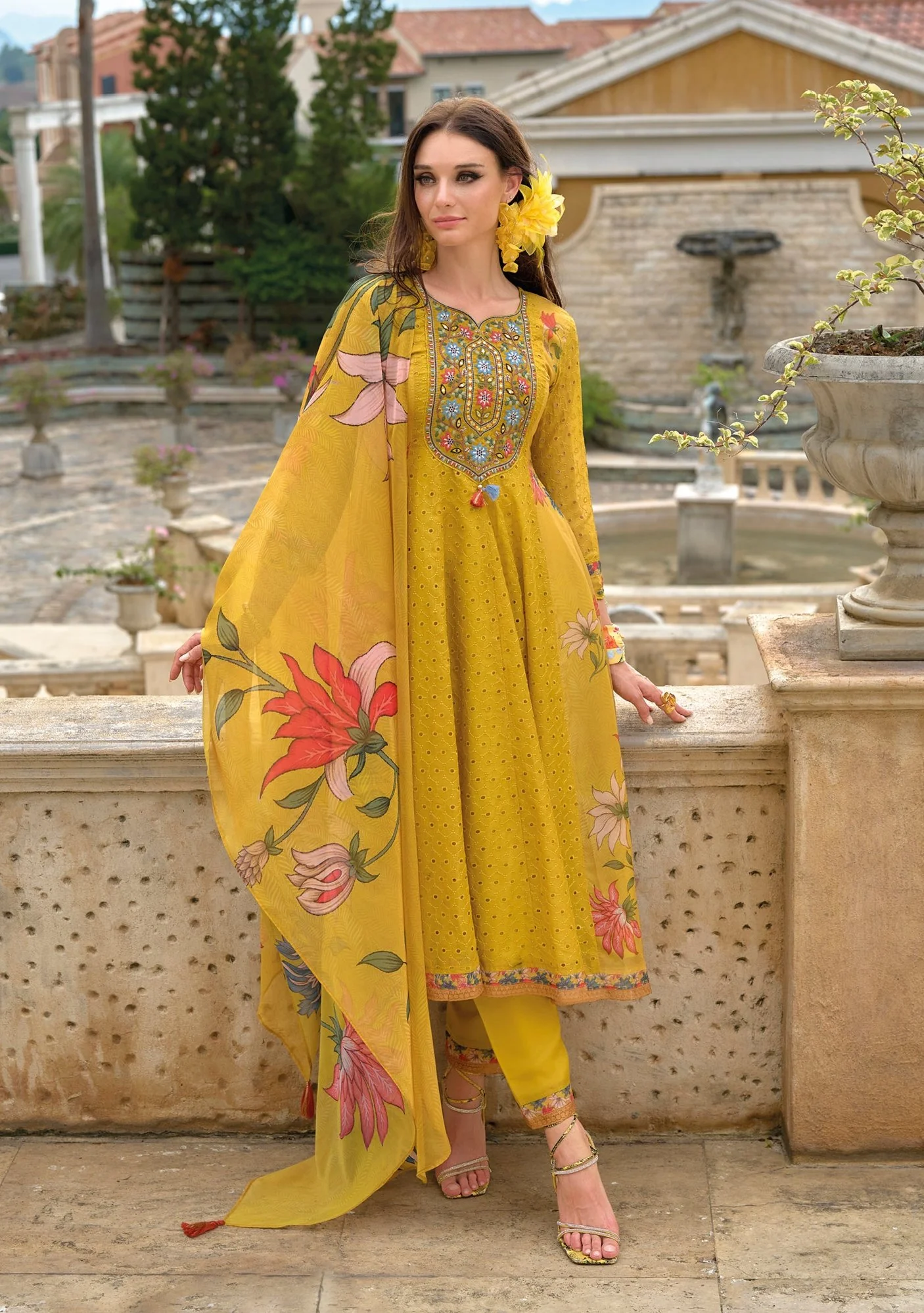 Altaf Amber Schiffli Anarkali Full Work Cotton Suit set