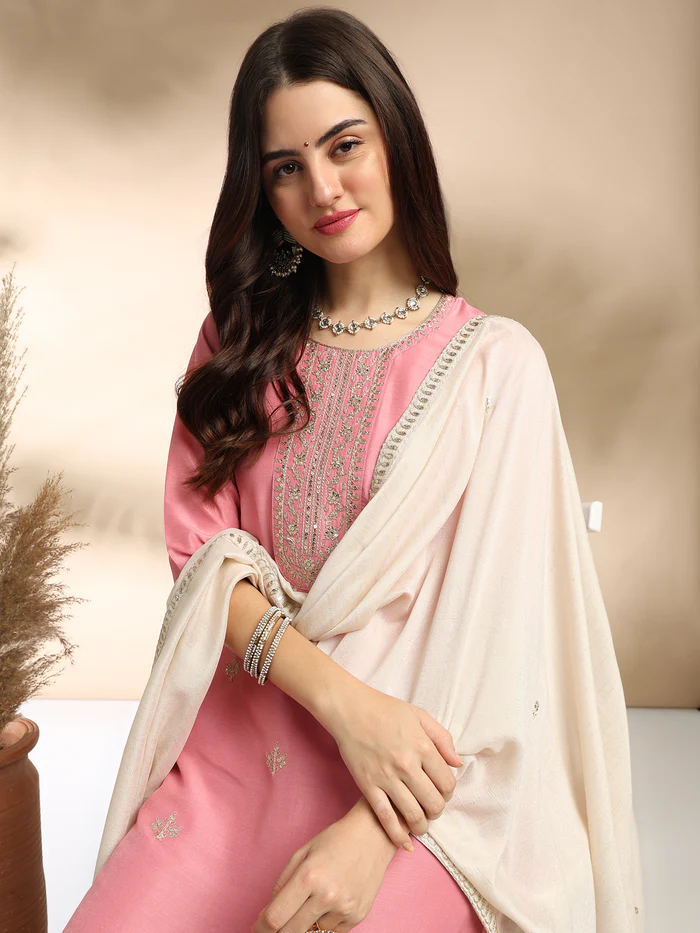 Classic Pink Chinon Embroidered Kurta Set