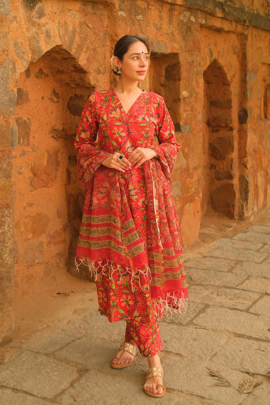 Red Kalamkari Printed Kurta Set