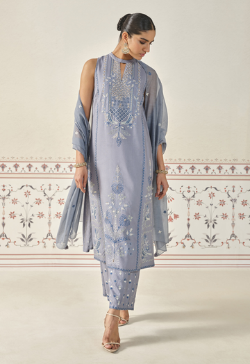 Silk Kurta Set - Slate Grey