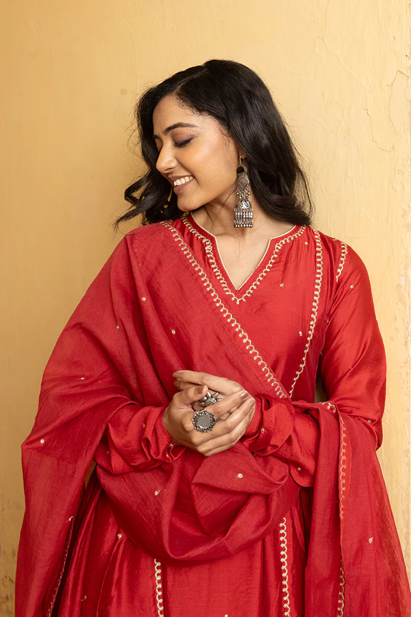 Red Chanderi Three Kali Embroidered Kurta Set