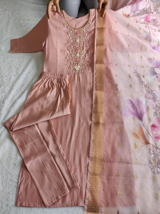 Premium Roman Silk Hand-Worked Peach Colour Designer Kurti Pant Dupatta Set