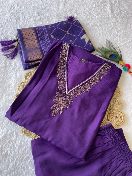 Premium Roman Silk Purple colour Designers Kurti Pent Dupatta Set