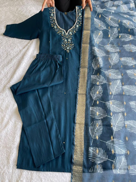 Premium Roman Silk Dark Peacock Designers Kurti Pent Dupatta Set