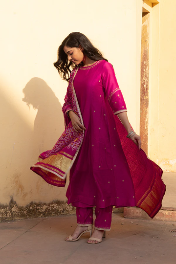 Pink Chanderi Embroidered Three Kali Bandhani Dupatta Suit Set