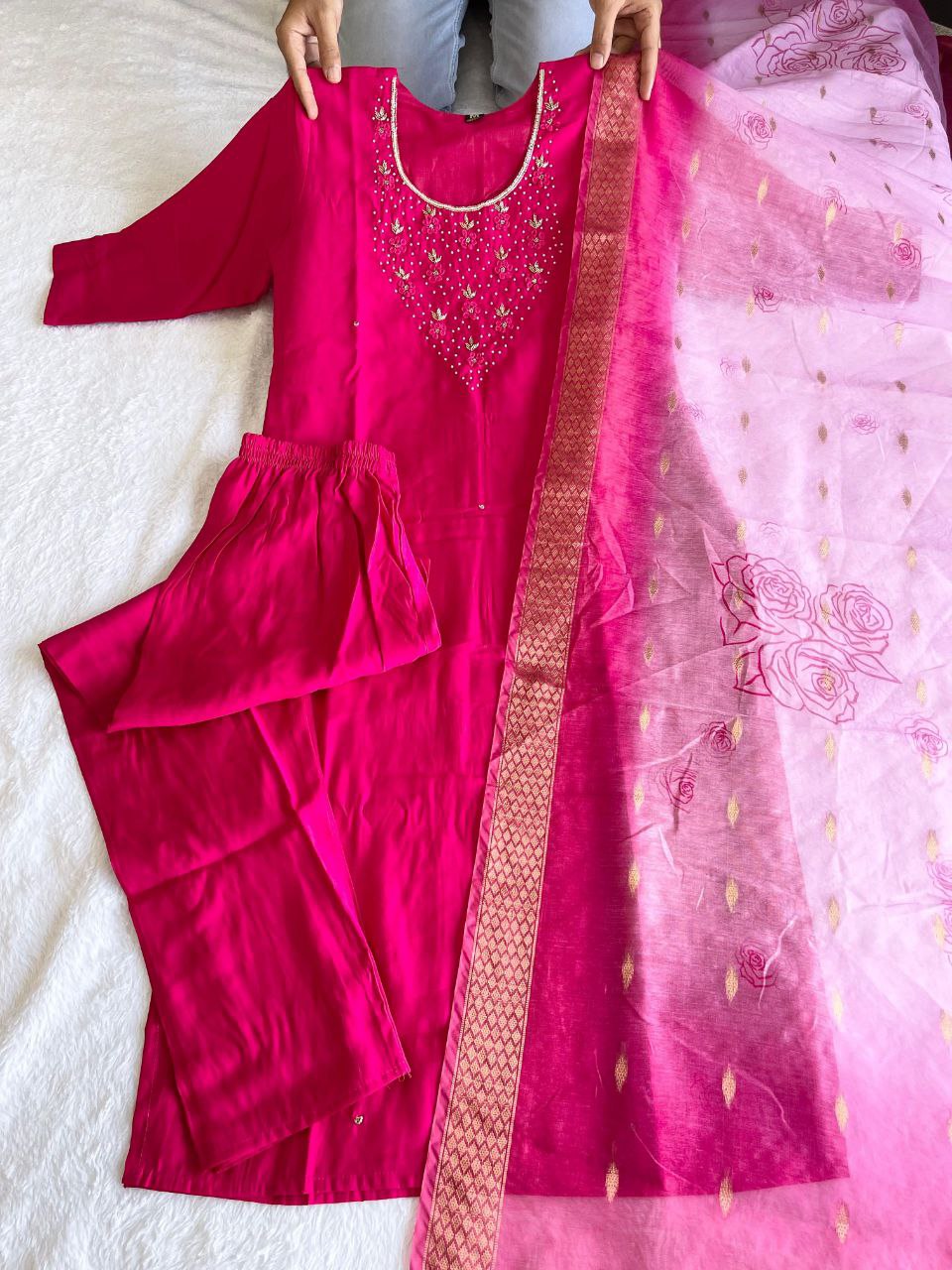 Premium Roman Silk New Rani Pink Designers Kurti Pent Dupatta Set