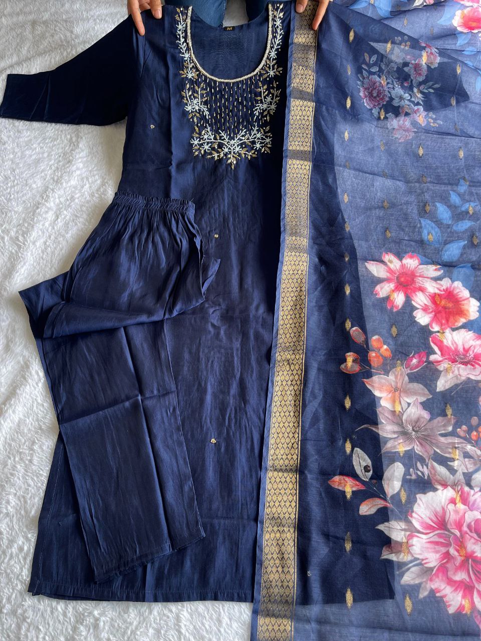 Premium Roman Silk Navy Blue colour Designers Kurti Pent Dupatta Set