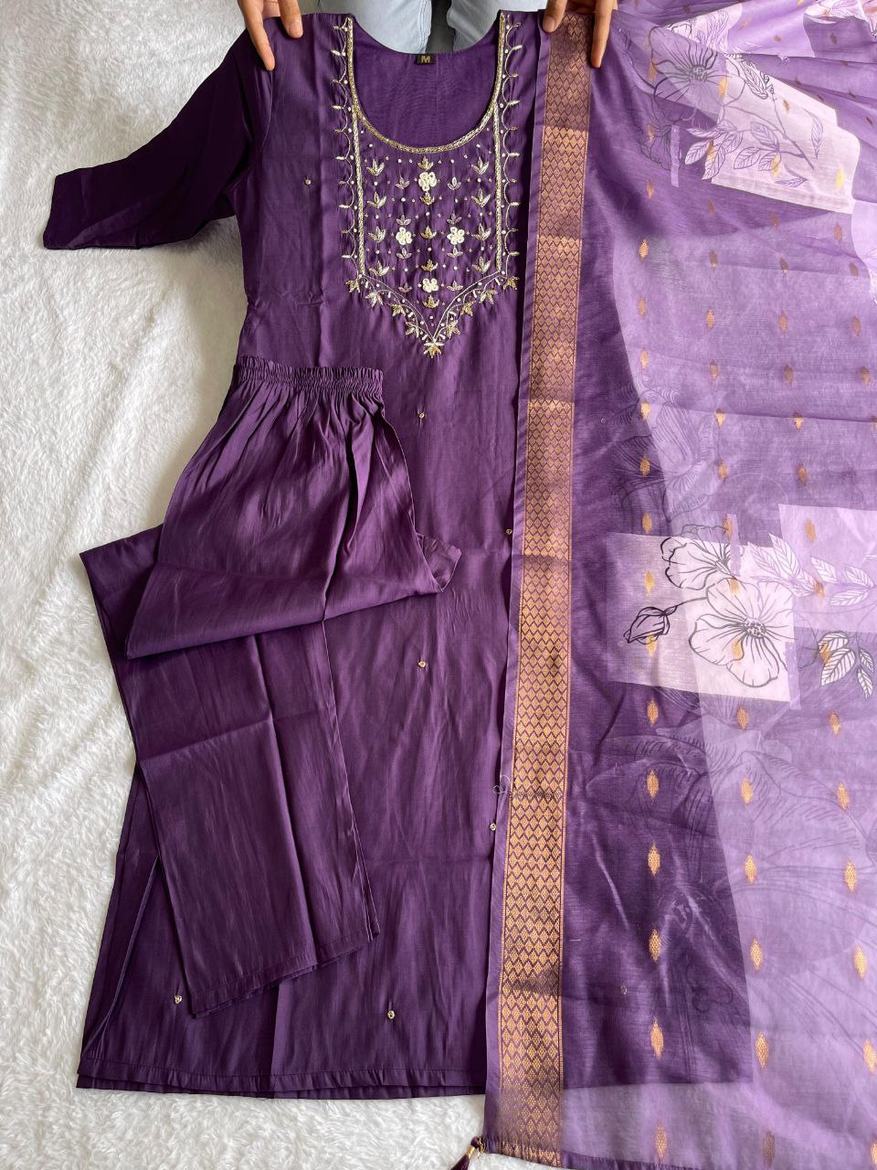 Premium Roman Silk Light Purple colour New Designers Kurti Pent Dupatta Set