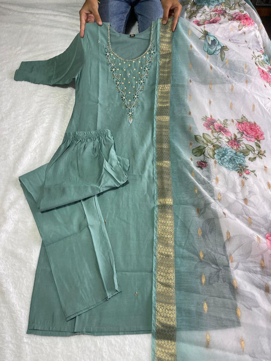 Premium Roman Silk Teal Designers Kurti Pent Dupatta Set