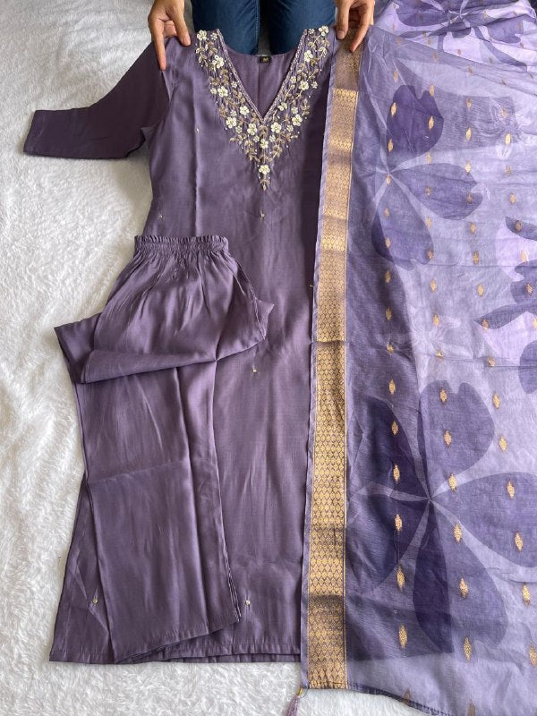 Premium Roman Silk Light Lavender New Designers Kurti Pent Dupatta Set