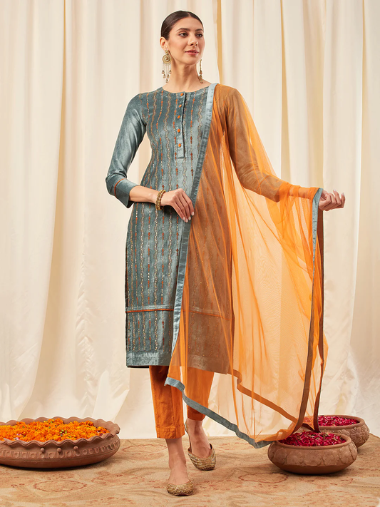 Aqua Blue Kurta Set with Orange Dupatta