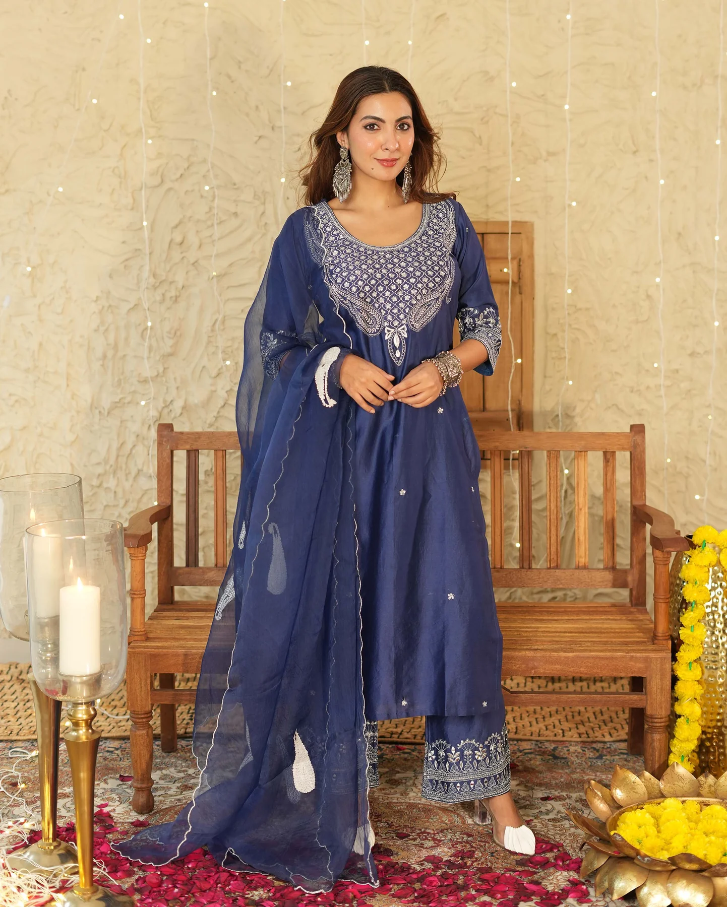 Blue Embroidered Chanderi Suit Set