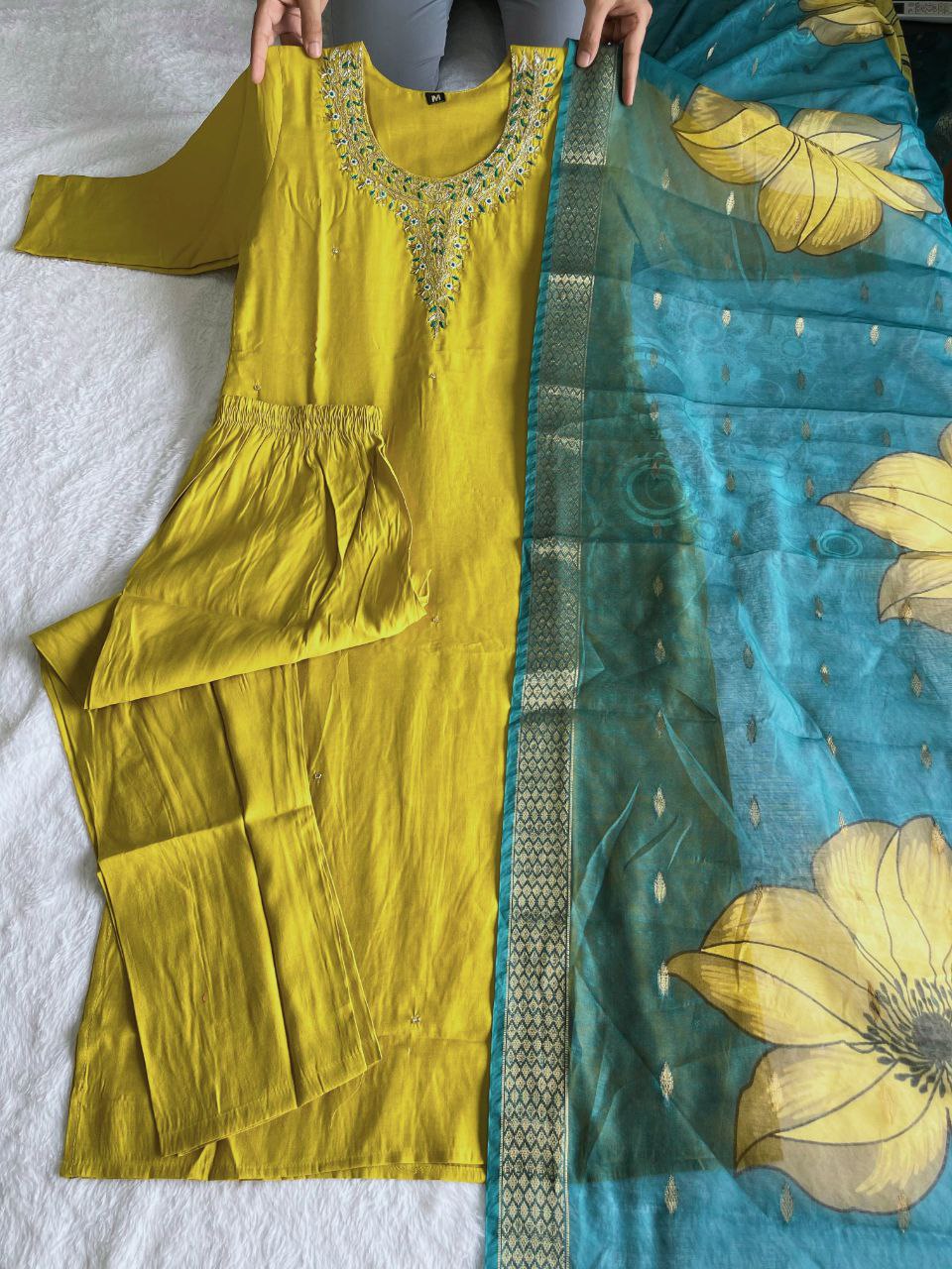 Premium Roman Silk Lemon Yellow Designers Kurti Pent Dupatta Set