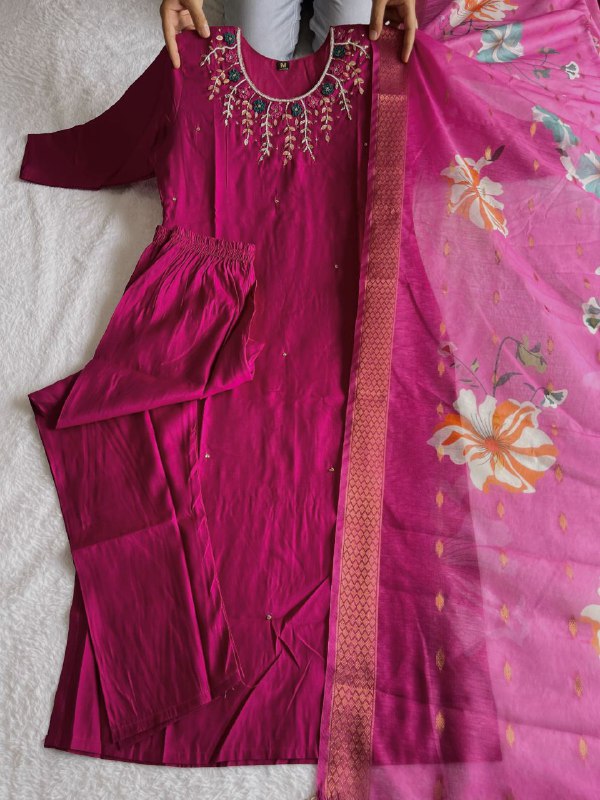 Premium Roman Silk Magenta Designers Kurti Pent Dupatta Set--