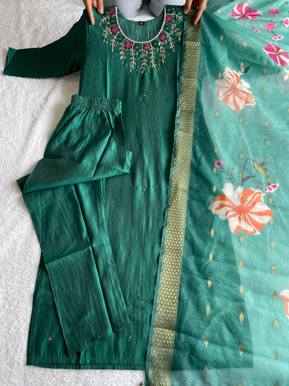 Premium Roman Silk Hand-Worked Green Colour Designer Kurti Pant Dupatta Set