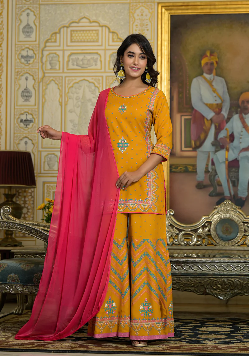 Mustard Ethnic Motif Printed Liva Rayon Tunic Sharara And Dupatta Set With Sequins & Gota Patti Work