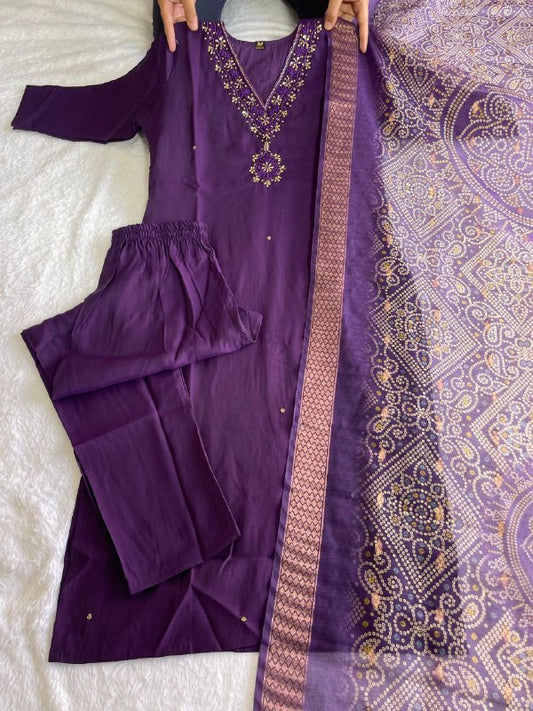 Premium Roman Silk Wine Designers Kurti Pent Dupatta Set