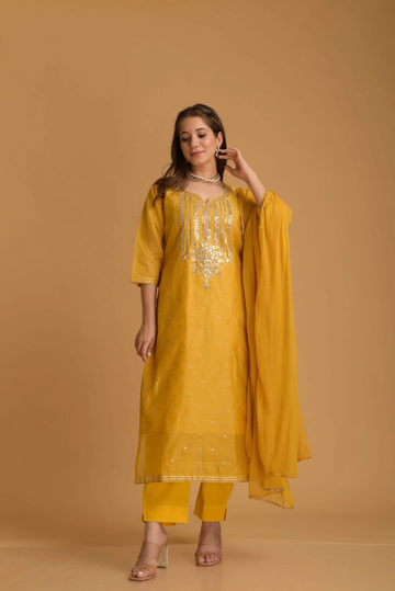 Mustard Chanderi Aari Kurta Set