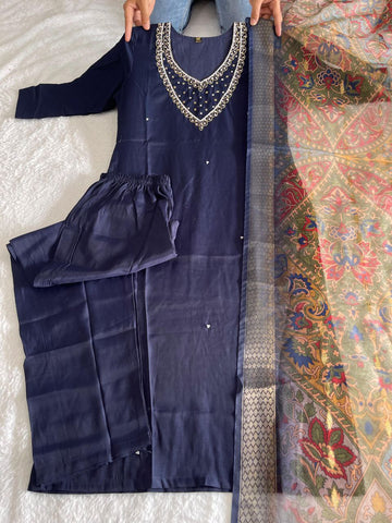 Premium Roman Silk Navy Blue Designers Kurti Pent Dupatta Set