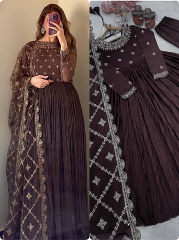 Party Wear Look Pur Crush Chinon Silk Fancy Gown,Dupatta & Bottom Set